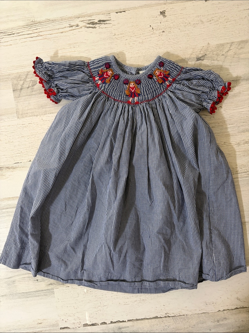 Blue Gingham Smocked Girls Dress with Red Trim Cheerleader Embroidered